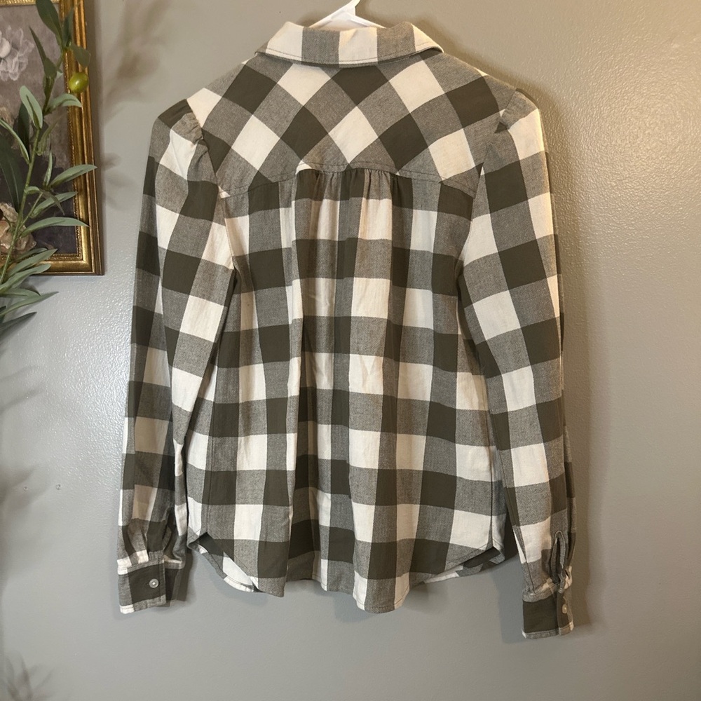 LOFT Buffalo Check Button Down Shirt XS Neutral Preppy Coastal Cotton - Picture 8 of 10